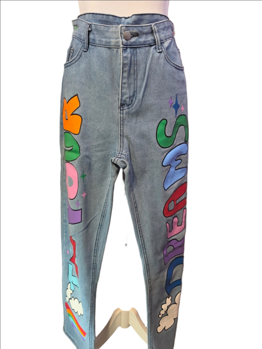d. jeans Light-Wash Mid Rise Flare Jeans with Multicolor Graphic Denim Size XL